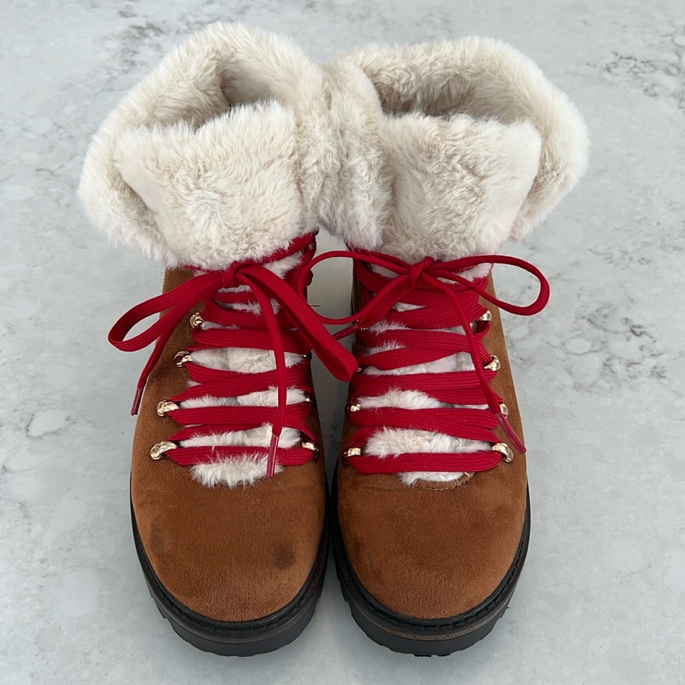 BAMBOO Brown Lace Up Boots with Red Laces
